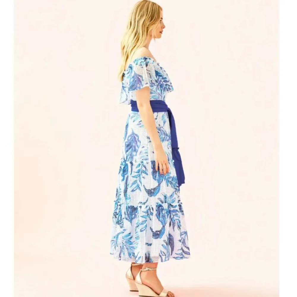 Nwt Lilly Pulitzer Sona White/Blue Floral Off Shoulder Tiered Mesh Midi Dress - Picture 10 of 17